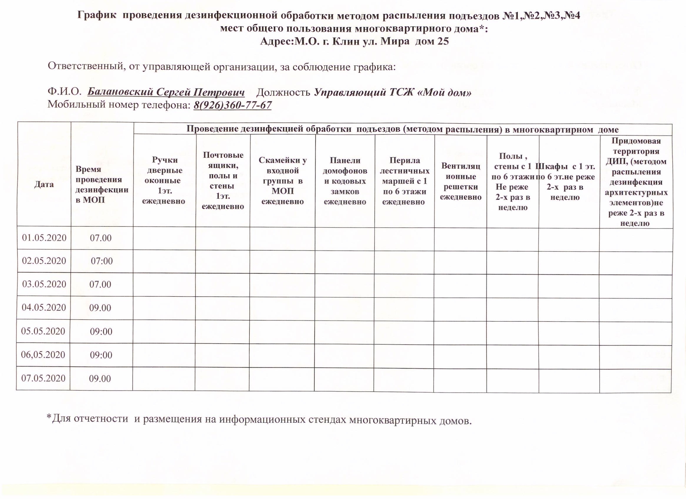 График проведения дезинфекционной обработки методом распыления подъездов и  мест общего пользования МКД по адресу: МО, г.Клин,ул.Мира, дом №25 с  01.05.2020г по 07.05.2020г | ТСЖ «Мой дом»